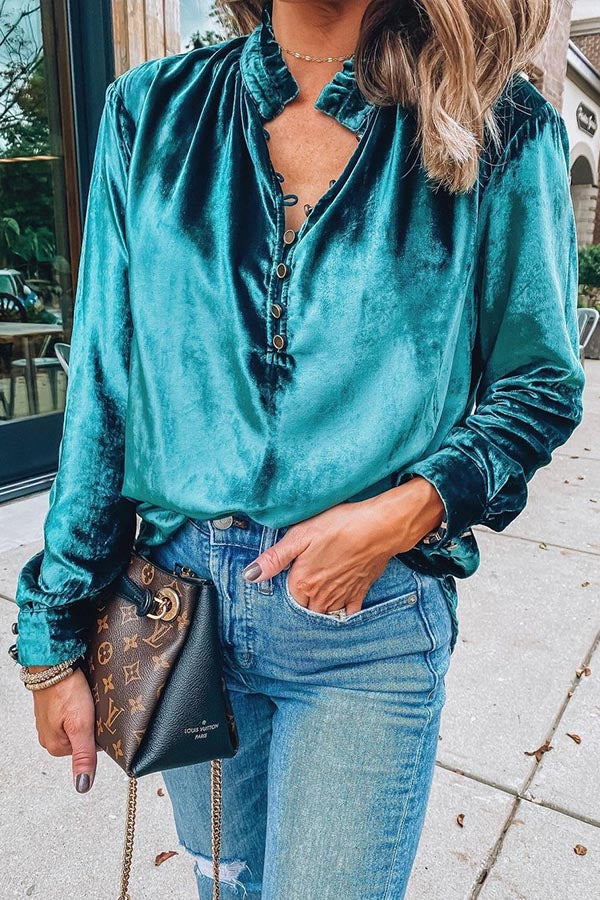 Velvet Button-Up Blouse