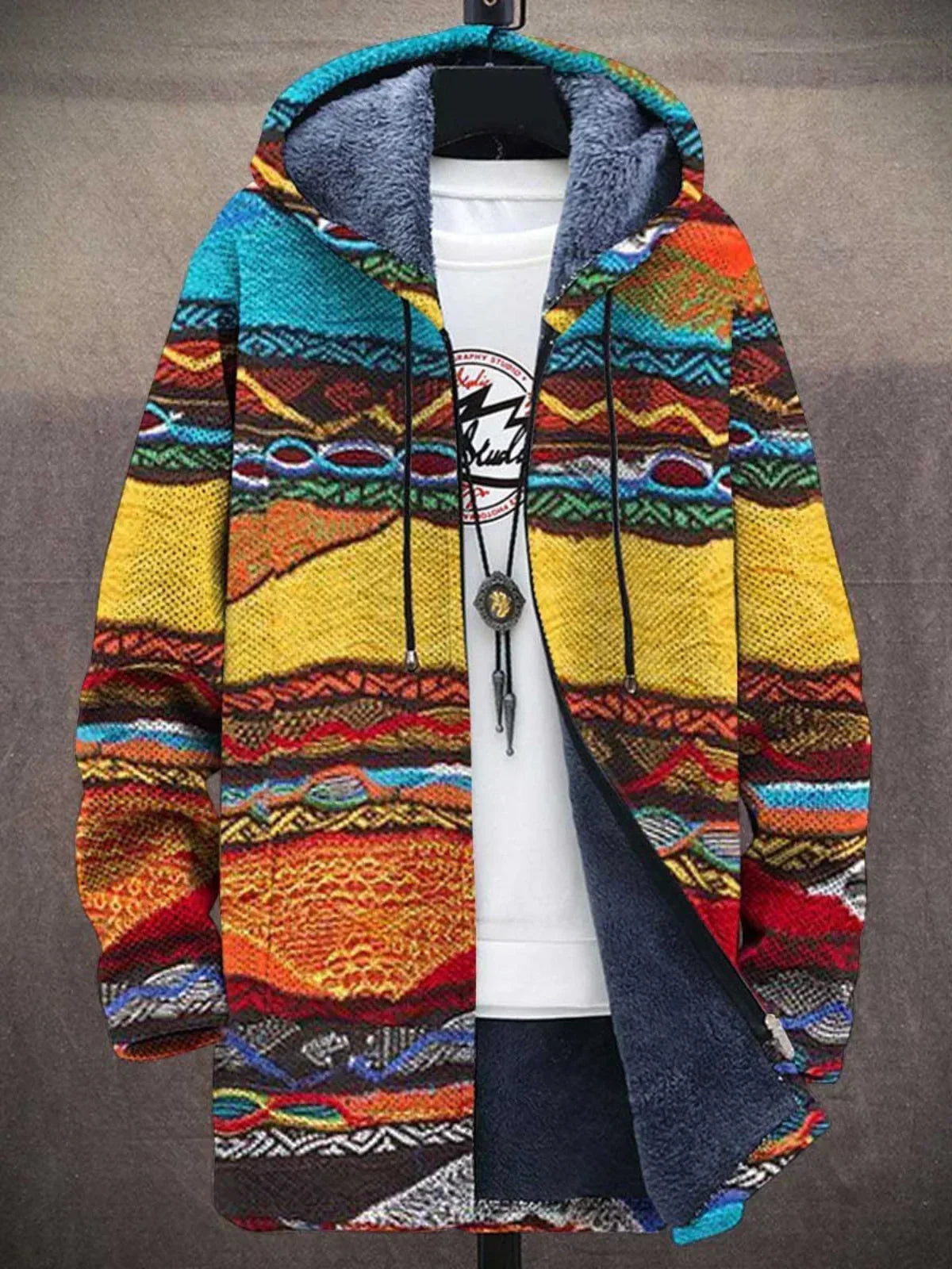 Geometric Pattern Fleece-Lined Hooded Jacket
