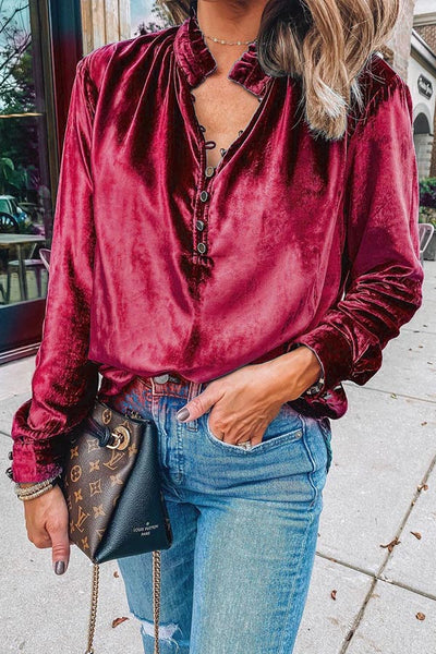 Velvet Button-Up Blouse
